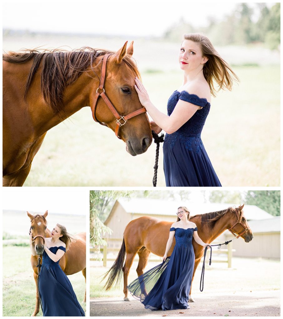 Photoshoot-at-ranch-in-bellingham-of-woman-wearing-long-dress-standing-next-to-chestnut-horse