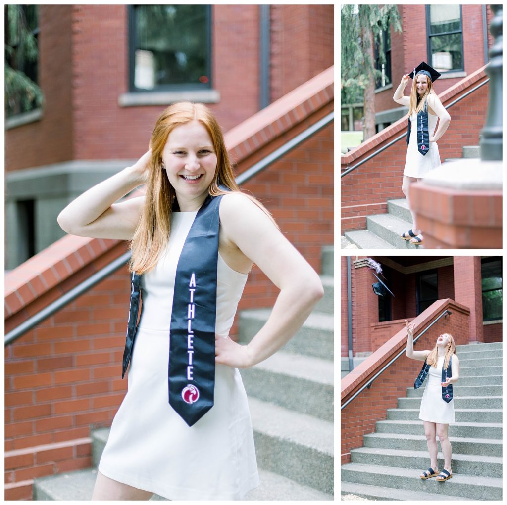 Graduation-portraits-at-the-Seattle-Pacific-University-Campus-steps, throwing-graduation-cap-in-the-air