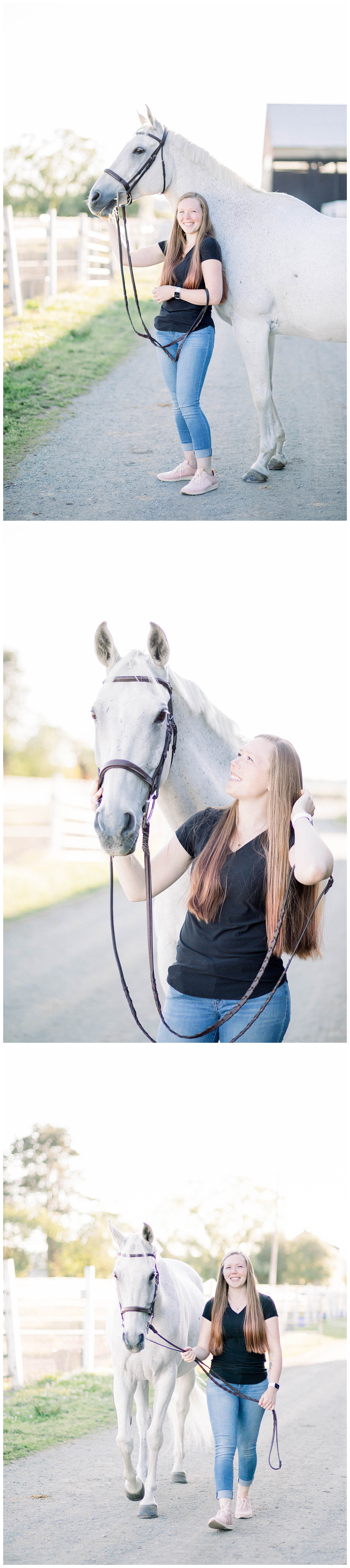 Girl-with-her-white-horse-outside-of-barn-for-photoshoot