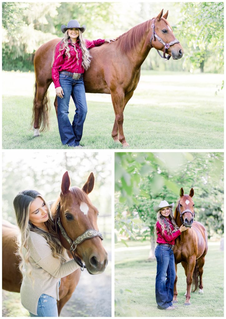 Barrel-racer-stands-with-her-horse-in-field-smiling-for-camera-in-Sedro-Woolley
