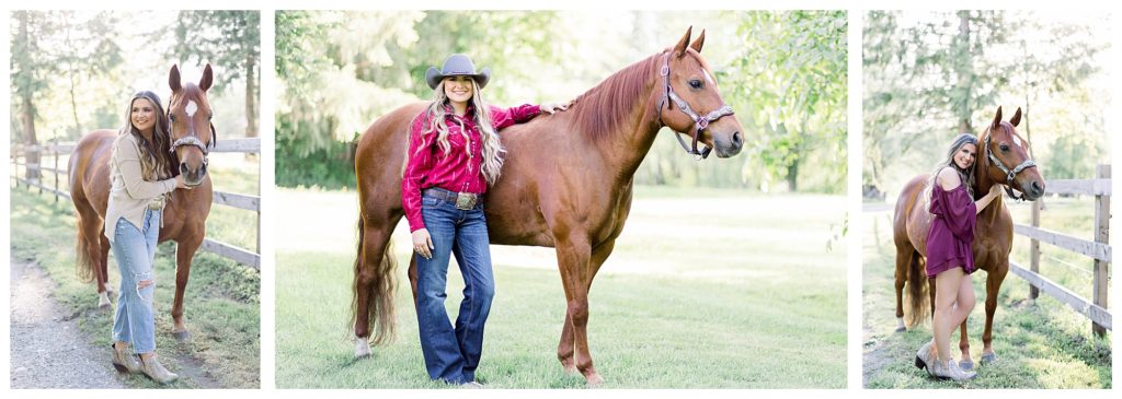 3 ideas for what to wear for an equine photoshoot with casual outfit, a western show outfit and a dress.