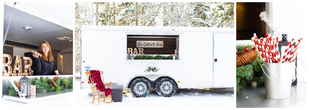 quarterly branding photos for mobile bar in the snow with red and white holiday decor