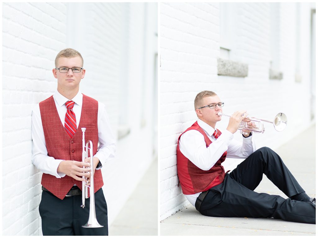 high school senior guy playing trumpet on sidewalk in Hamilton, Montana