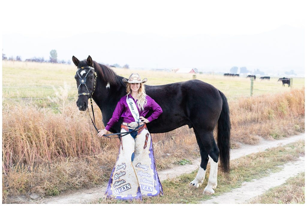 Darby rodeo queen photoshoot with a horse in Corvallis, Montana by Montana photographer Kat's Eye On Design Photography 