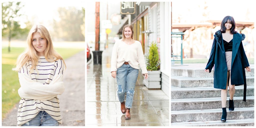 winter senior picture outfit ideas with sweaters and winter jacket