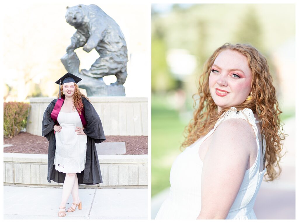 Graduation photoshoot next to University of Montana's Grizzly Bear Statue by Missoula senior photographer Katherine Schot Photography