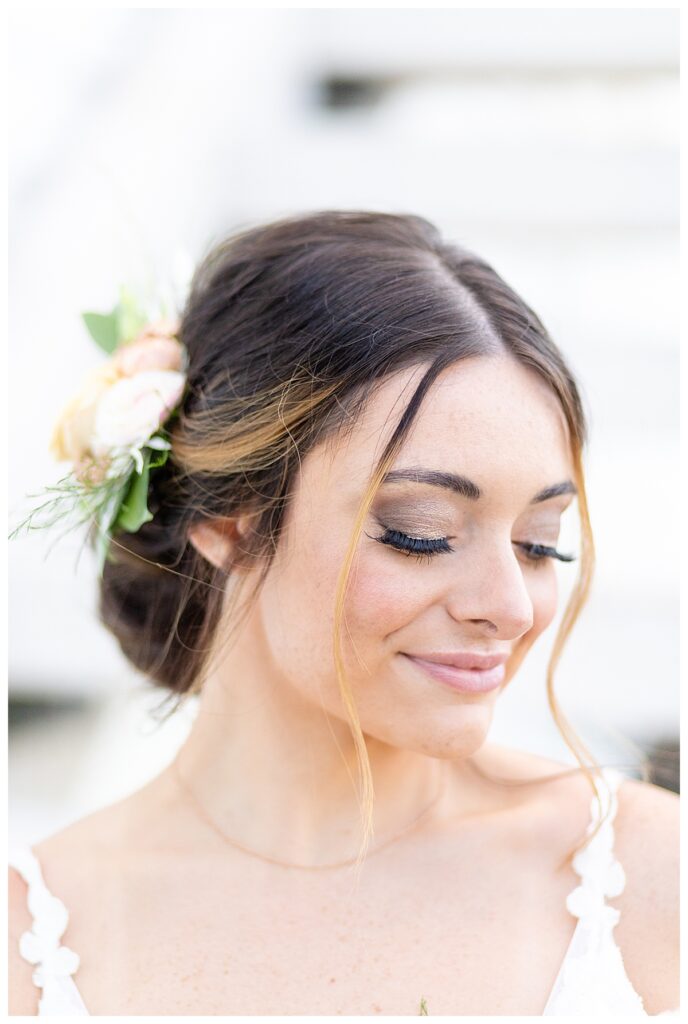 Closeup of makeup and hair styling by Allure Weddings 406, photo by Missoula wedding photographer Katherine Schot Photography