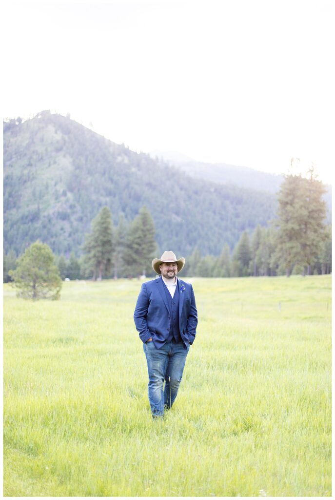 Groom attire by Men's Wearhouse for Montana luxury ranch elopement at Triple Creek Ranch in Darby, Montana