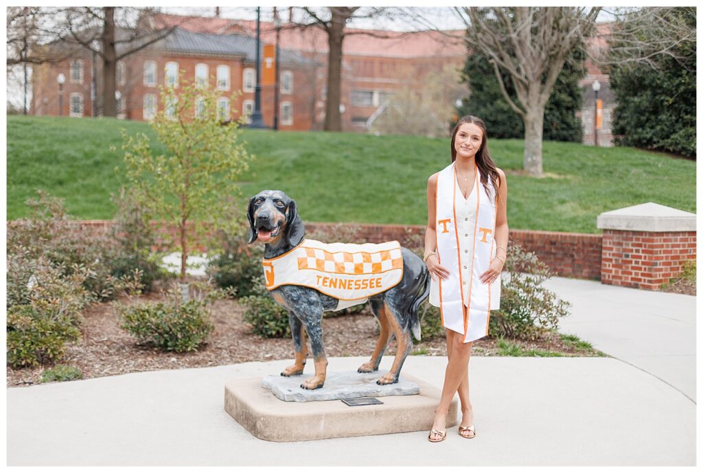 University of Tennessee grad photos with mascot Smokey on campus