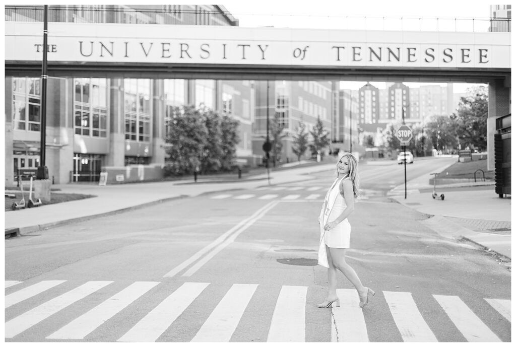 grad photos at the University of Tennessee in front of the bridge