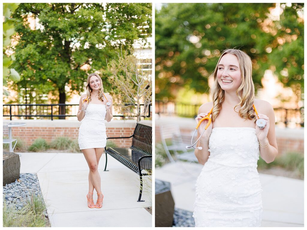 University of Tennessee nursing grad photos in front of College of Nursing building