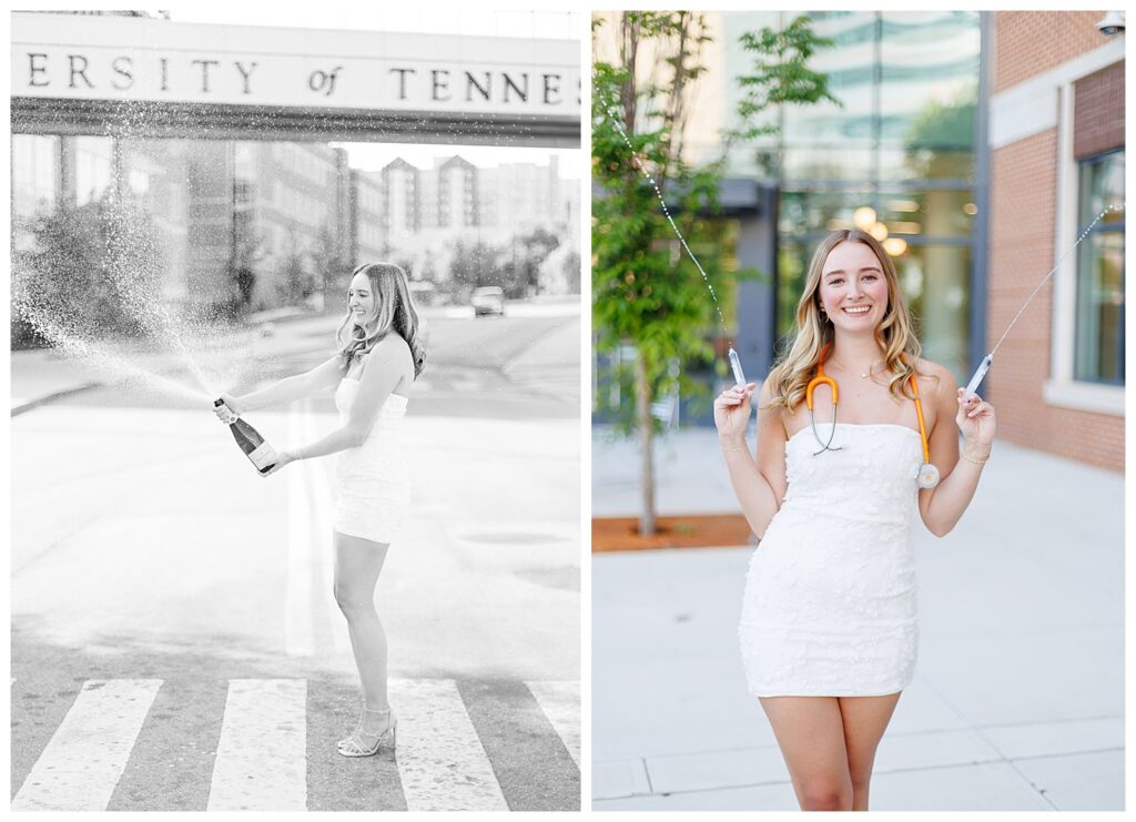 University of Tennessee nursing grad photos outside of College of Nursing Building and UT Bridge