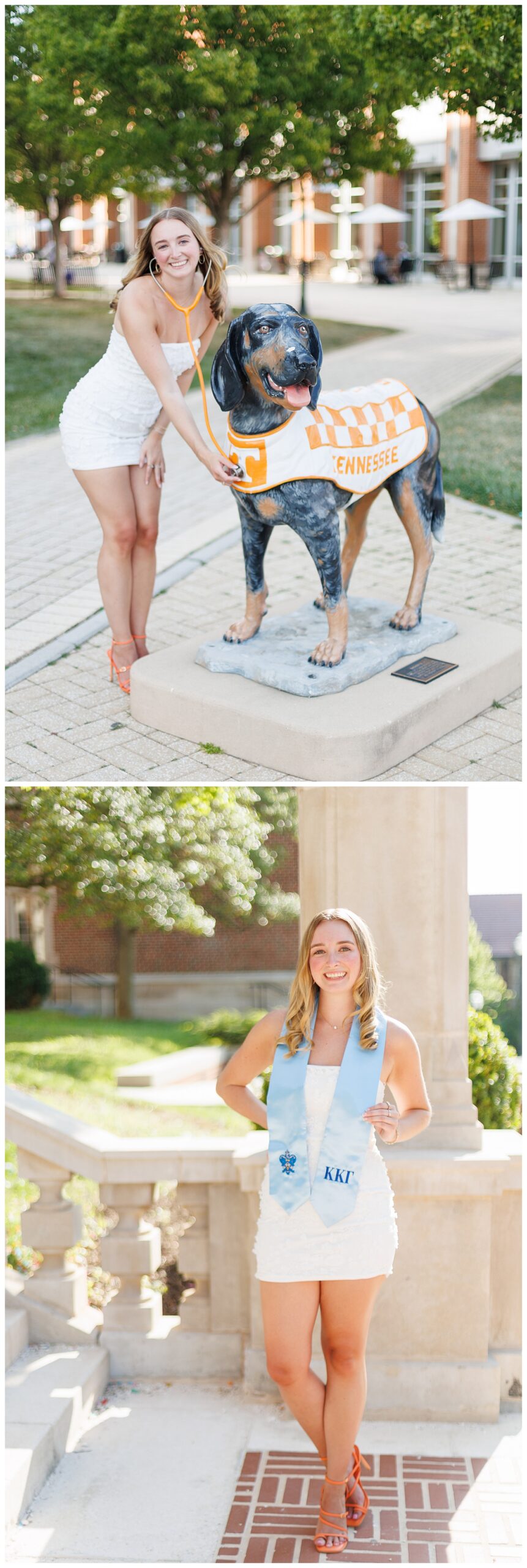 University of Tennessee nursing grad photos of senior using stethoscope on mascot Smokey