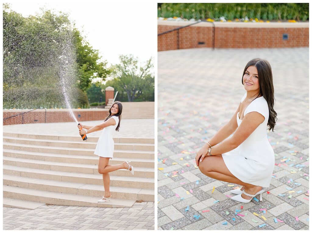 UT Knoxville grad photos with champagne pop at Circle Park