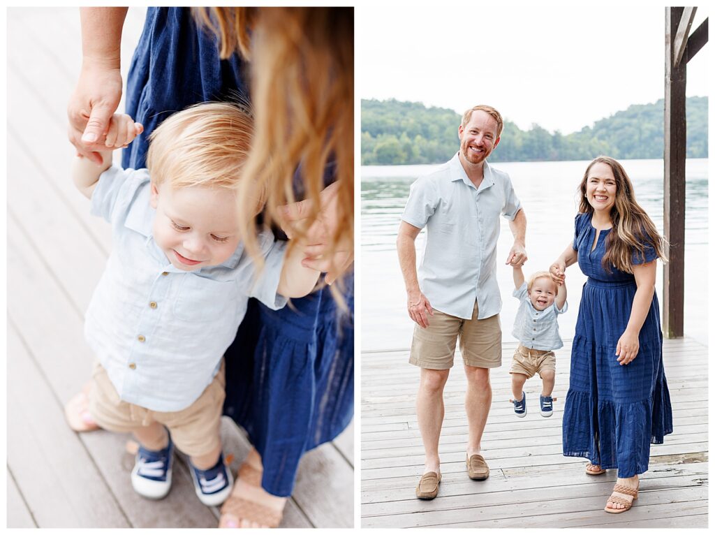 Watts Bar Lake family photos on dock in the evening with family wearing shades of blue